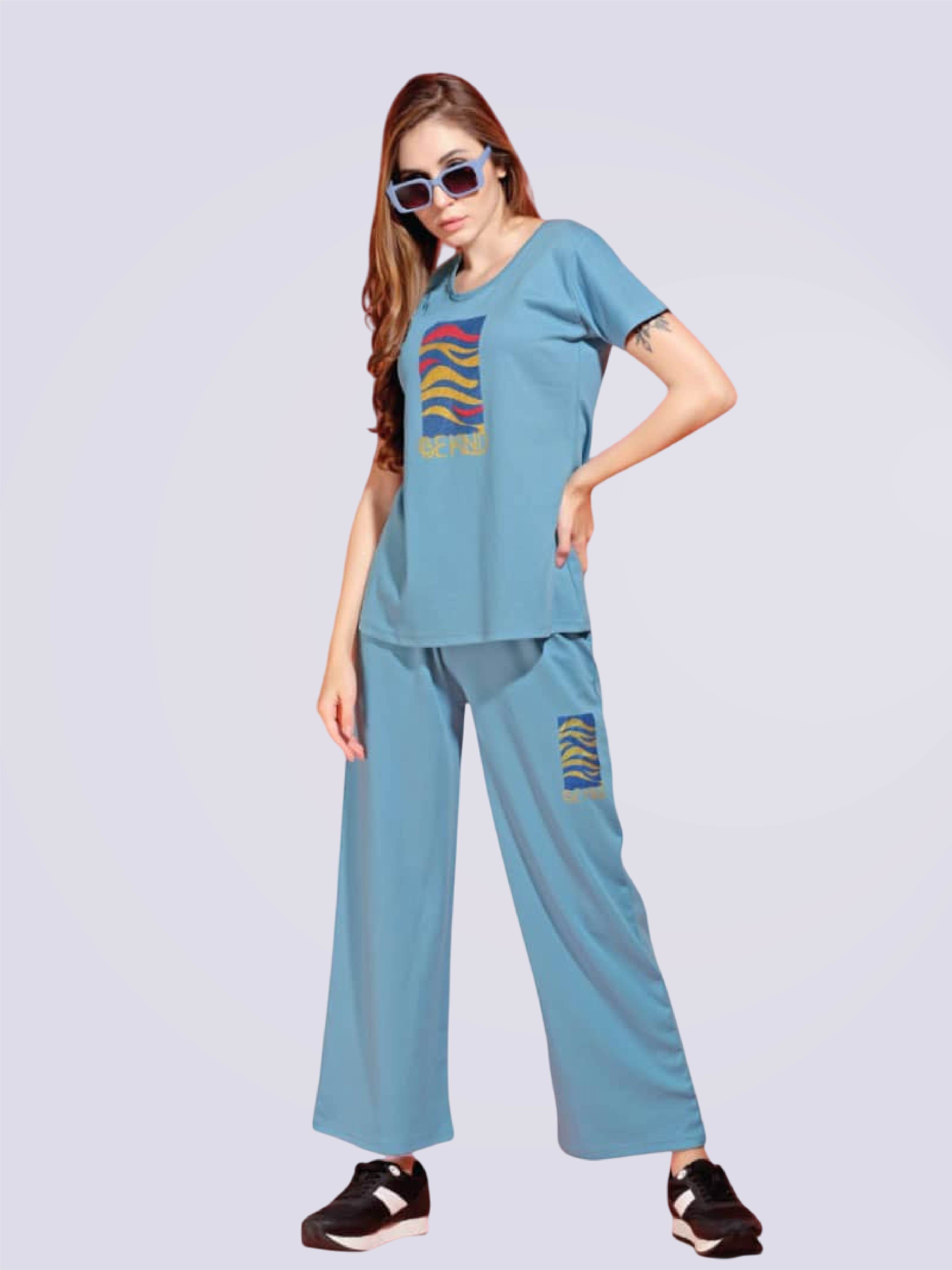 Cotton Printed T-Shirt & Pyjama Set In Blue - Bold And Bae Fashion